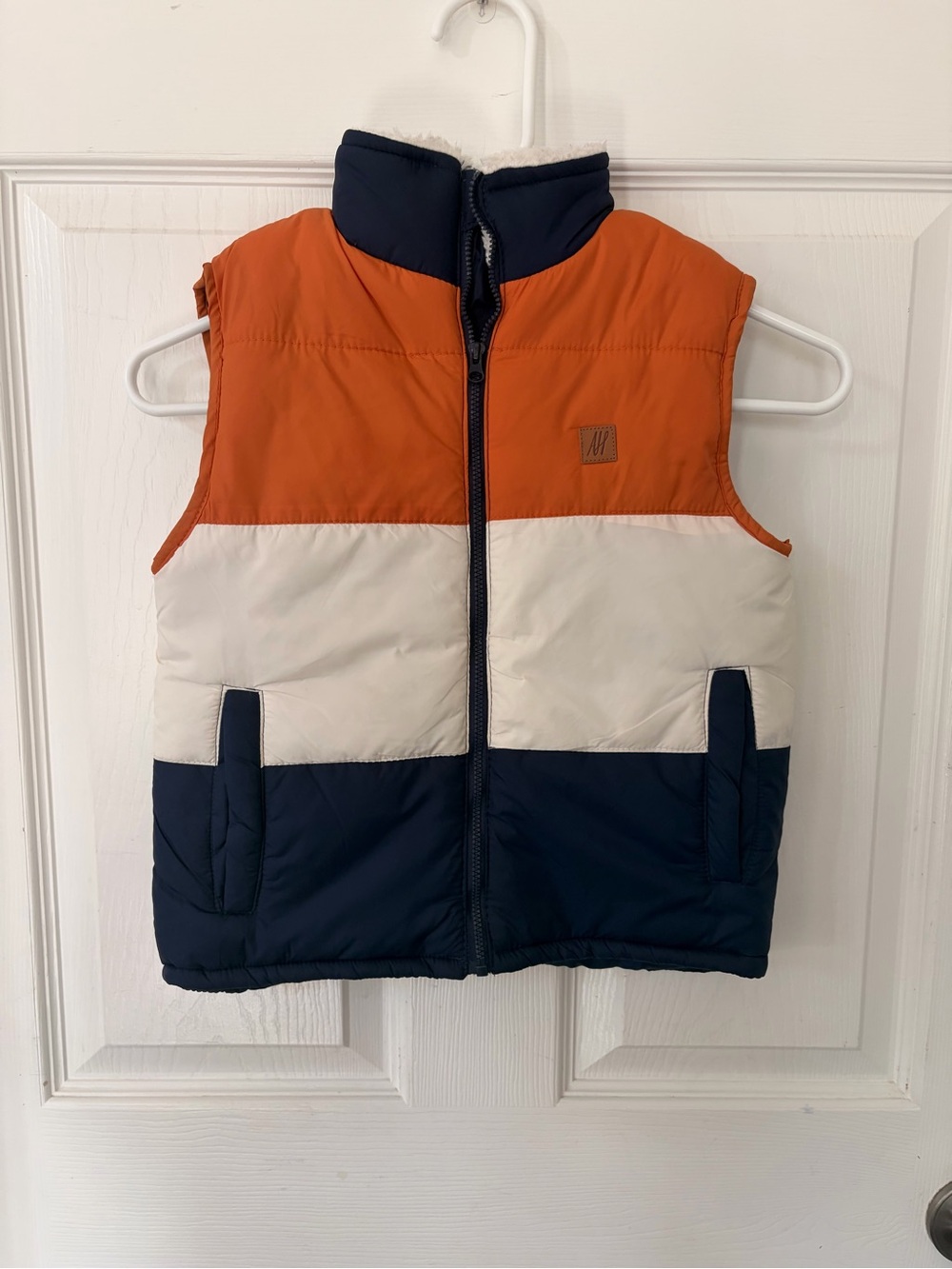 Kids Colorblock Puffer Vest - Orange, White & Navy zipper front fleece neck
